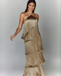 Solid Spliced Tassel Dresses for Women Halter Sleeveless High Waist Temperament Dresses Female Fashion New