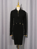 Fashion Spliced Metal Pin Two Piece Set for Women Stand Collar Long Sleeve Pullvers Mid Waist Bodycon Knee Skirt Suit Female