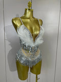 2026 New Sexy Nightclub Bar DJ Performance Dancer Stage Costume Sparkly Rhinestones Feathers Tassels Mesh See Through Bodysuits