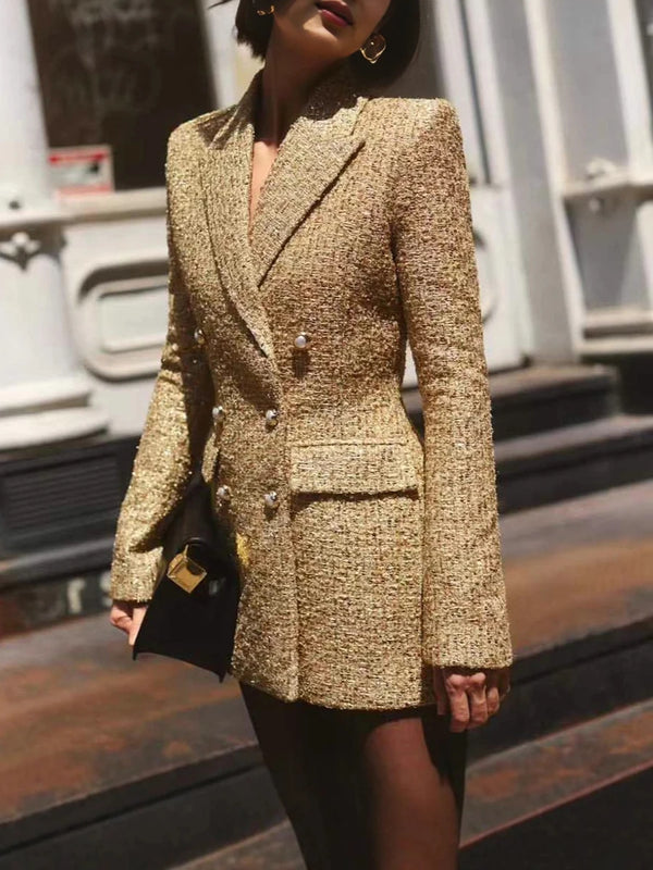 Chic Luxurious Tweed Blazer for Wommen Noched Collar Long Sleeve Patcfhwork Double Breasted Elegant Formal Coat Female New