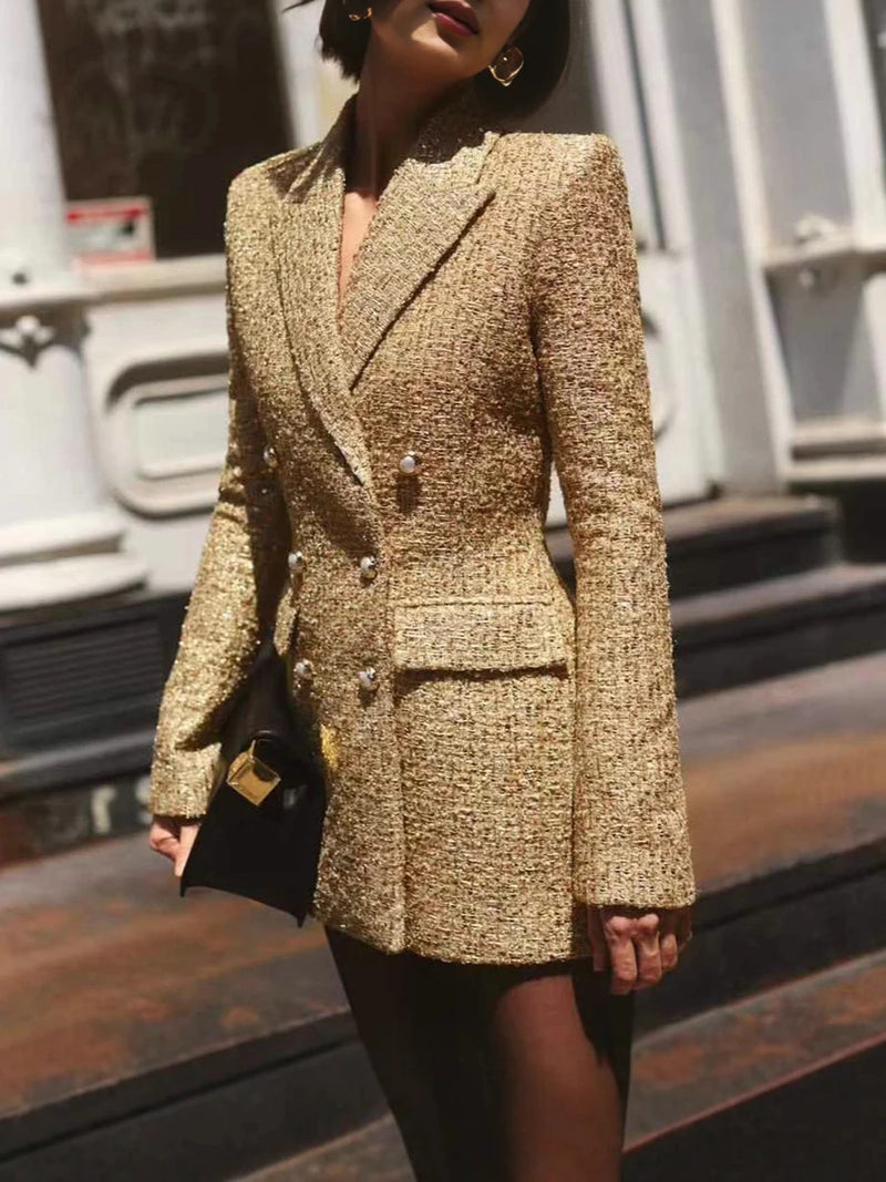 Chic Luxurious Tweed Blazer for Wommen Noched Collar Long Sleeve Patcfhwork Double Breasted Elegant Formal Coat Female New