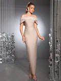 Women Sexy Off the Shoulder Pearl Bead Diamond Bodycon Long Bandage Dress Nightclub Party Evening Birthday Celebrate Wear