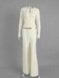 White Ribbed Knit Two Piece Set for Women Slim Button Accent Cardiagns Low Waist Loose Pant Suit for Casual Outings