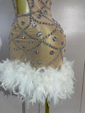 Luxury Nightclub Performance Dance Costume Nightclub Singer Stage Wear Women Sexy Shiny Crystal Feathers Hollow Out Mini Dress