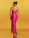 High Quality Fashion Fringe Rose Red Spaghetti Strap Long Dresses Women'S Tassel Celebrity Bandage Dress Prom Vestidos