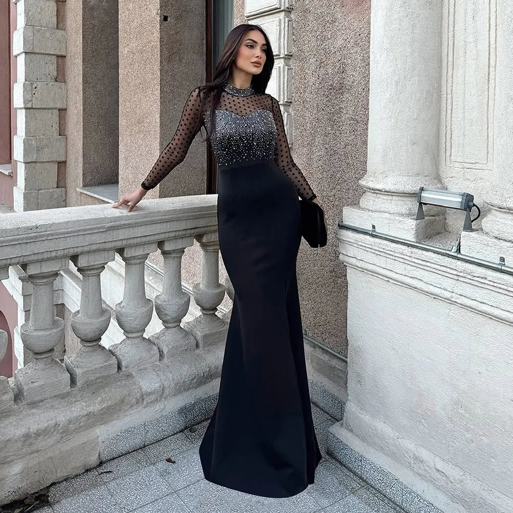 Elegant Luxury Wedding Mesh See Through Patchwork Prom Formal Long Dress Woman Sexy Black Rhinestone Birthday Evening Robe