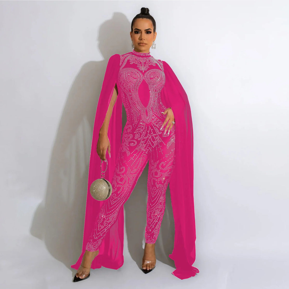 Shawl Sleeve Mesh Crystal Jumpsuit Women's Jumpsuit Luxury Transparent Sequins Party Jumpsuit Birthday Set Prom Dresses