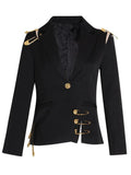 Chic Spliced Metal Pin Slimming Blazer for Women Notched Collar Long Sleeve Patchwork Mesh Hollow Out Fashion Jacket Female