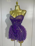 Sexy Purple Mesh See Through Purple Long Sleeves Mini Dress Luxury  Diamonds Birthday Evening Party Bar Nightclub Stage Costume