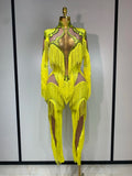 Yellow Tassel Stretch Bodycon Jumpsuit Nightclub Gogo Dance Clothing Dj Rave Outfit Nightclub Party Singer Performance Outfit