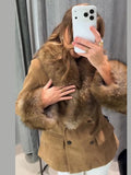 Retro Suede Faux Fox Fur Collar Blazer Coat Long Sleeve Double Breasted Fluffy Furs Cuff Women Fashion Jacket 2026 Chic Outfits
