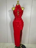 Sexy Hollow Out Sleeveless 3D Flower Red Bodycon Long Bandage Dress Women Evening Party Birthday Elegant Wedding Guest Clothing