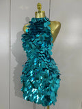 Women Celebrate Eveing Party Club Luxury Birthday Nightclub Stage Wear Sexy Shiny Round Sequins Halter Backless Mesh Mini Dress
