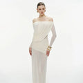 Sexy Sheer Mesh Maxi Dress for Women Slash Neck Long Sleeve High Waist Patchwork Folds Slimming Dresses Female New