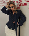 Stripe Tailored Coat For Women Lace Up V Neck Long Sleeves Coat Female Fashion Elegant High-End Formal Tailored Coat