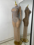 Sparkly Rhinestone Women Sexy Mesh See Through Floor Length Long Sleeve Birthday Dress Party Nightclub Stage Wear
