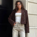 Women Double-Breasted Stand Collar Cropped Jacket Long-Sleeved Solid Zipper Metal Button Fashion Street Coat Autumn Winter