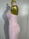 Elegant Evening Party Prom Gown Birthday Dress Women Shining Rhinestones Sexy White/Pink Mesh Halter Bodycon Long Bandage Dress