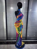 Colorful Rhinestones Print Women Sexy Off the Shoulder Mesh See Through Bodycon Long Dress Nightclub Party Performance Costumes