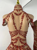 Sparkly Red Rhinestones Women Sexy Mesh See Through High Stretch Bodysuit Nightclub Performance Dance Costume Singer Stage Wear