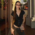 Women Summer Top Fashion Button-Front Patchwork V-Neck Pleated Fitted Top New Casual High-Street Party Female T-Shirts