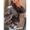 Stand Collar Faux Leather Cropped Jacket Waist Belted Button Long Sleeve Outerwear Winter New Street Women Daily Casual Outfit