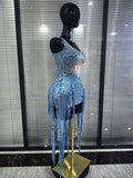 Blue Color Women Sexy Shining Crystal Sequins Fringes Bodycon Mini Dress Mesh See Through Celebrate Birthday Photoshoot Wear