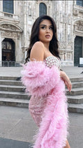 Women's Stylish Shawl Super Shiny Rhinestone Sequin Embroidered Pink Tube Top Dress Luxury Haute Couture Fashion Hot Party Gown