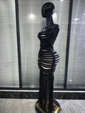 Black Color Women Sleeveless Sexy Square Collar Bodycon Fringes Bandage Long Dress Elegant Evening Party Celebrate Outfit