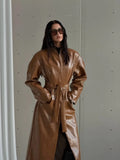 Plain Faux Leather Trench Coat Women V Neck Waist Lace Up Long Full Sleeve Back Split Jacket Winter Street Fashion Outfits 2026