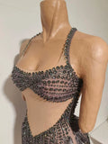 Singer Stage Nightclub Outfit Sexy Chic Gray Pink Glittering Beaded Fringed Halter Dress Performance Costume Dance Party
