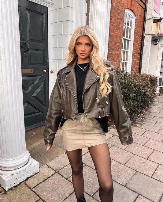 Women's new vintage wash to do old short lapel long sleeve loose pu imitation leather jacket coat