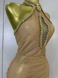 Sexy Halter Sparkly Diamonds Golden Mesh Sequins Maxi Long Dress Women Elegant Evening Party Birthday Luxury Wedding Guest Gown