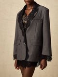 Chic Solid Spliced Lace Edge Blazers for Women Notched Collar Long Sleeve Temperament Designer Coats Female Clothes Style