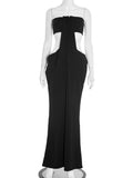 Elegant Hollow Dress Women Solid Patchwork Sleeveless Backless Ruched Stretch Gown Midnight Prom Party Long Bodycon