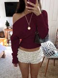 Elegant One Shoulder Beige Knitted Sweater Women's Pull Waist Off-Shoulder Sweatshirt Jumper Pullovers Clothes Autumn Winter New