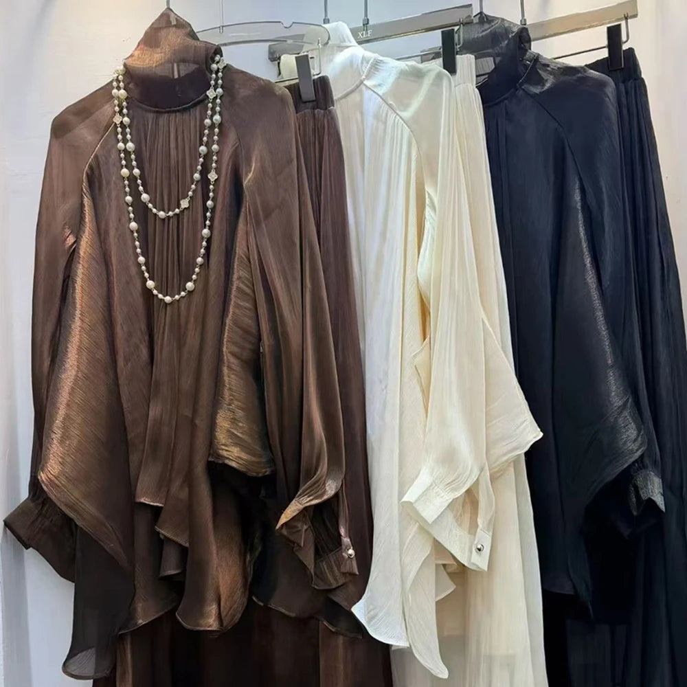 Modest Two Piece Set for Women Turtleneck Raglan Balloon Sleeve Irregular Top Maxi Flowy Long Skirt for Evening Occasions