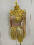 Sparkly Rhinestone Sequin Tassel Stretch Bodysuits 2025 New Arrival Women Birthday Party Nightclub Dj Stage Performance Costume