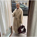 Camel Lapel Collar Coat Women Maxi Brushed Fuzzy Wool Self Tie Belt Waist Cinched Jacket Oversized Chic Autumn Winter Outerwear