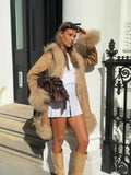 Women Shaggy Faux Fur Patchwork Mid Length Coat Lapel Open Front Long Sleeve Vintage Coats Elegant Winter Warm Outerwear 2026