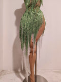 Women Sparkly Rhinestones Tassel Green One Shoulder Sexy See-Through Dress Latin Dance Outfits Bar Nightclub Party Stage Costume