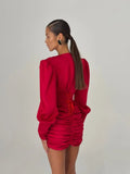 Sexy Women Deep V Puff Long Sleeve Satin Dress Solid Waist-cinching Design Ruched Slim Fit Dresses Elegant Party Lady Gowns 2026