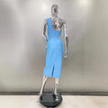 Flower Beads Glam Hollow Waist Slanted Shoulder Blue Dress Fashion Elegant Party Bandage Stage Performance Dress Vestido De Gala