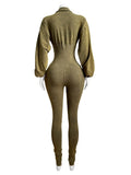 Washed Distressed Jumpsuit Women Ribbed V-Neck Solid SKinny Long Sleeve Fall Casual Trend Simple Activity Streetwear