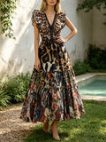 Bohemian Deep V Neck Ruffle Sleeve Maxi Dress Women Leopard Tropical Animal Floral Print Smocked Waist for Vacation Daily