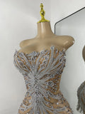 Luxury Women Sexy Sparkly Crystal Sequins Mesh See Through Openback Outfit Birthday Dress Dancer Performance Stage Costume