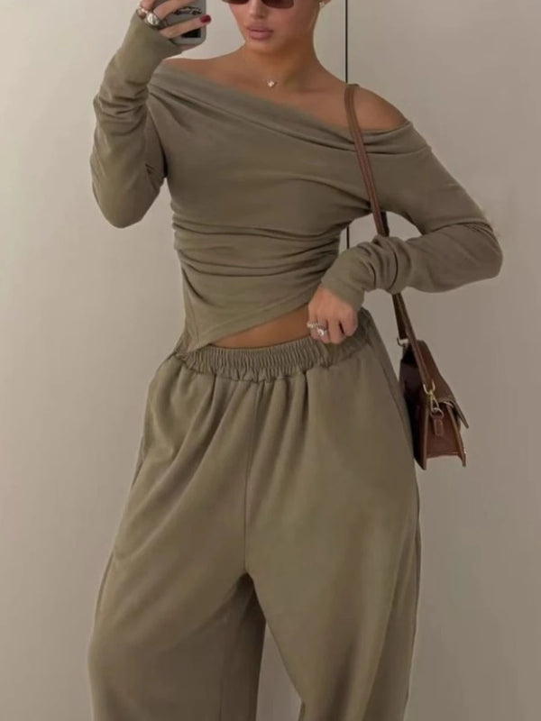 Solid Two Piece Set for Women Slash Neck Irregular Hem Long Sleeve Top High Waist Straight Pant Casual Suit Female