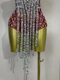 Sexy Sparkly Rhinestones Long Tassels Red Mesh Stretch Bodysuits Women Eveing Party Birthday Nightclub Performance Stage Costume
