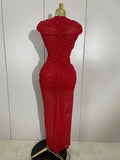 Women Sexy Sleeveless O-Neck Hollow Out Mesh Bodycon Long Dress Fashion Show Celebrate Celebrity Evening Birthday Party Dress