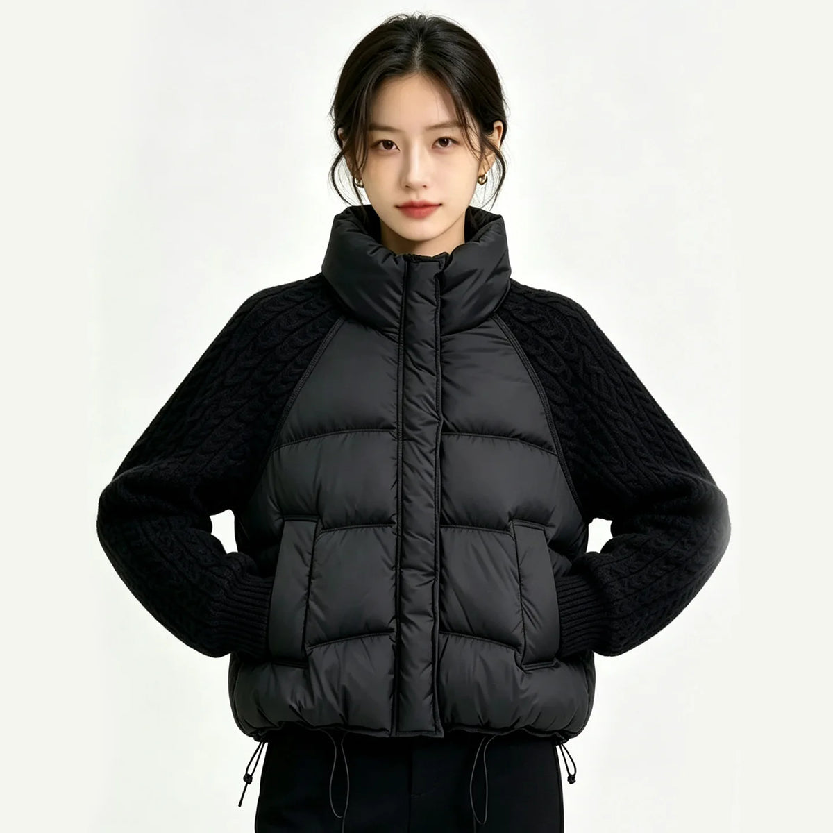 Women Cropped Puffer Jacket Stand Collar Cable Knit Sleeves Patchwork Zip Up Lightweight 2026 Lady Quilted Winter Warm Outerwear